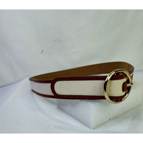 Ann Taylor S (31"-35") Womens Belt Leather Canvas Brown Beige Gold Tone Buckle - Picture 6 of 11